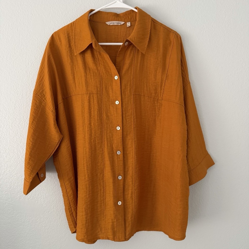 Soft Surroundings Size-L Womens Julissa Shirt Fall Mustard Relaxed Fit Top